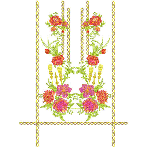 Floral Neck Embroidery Design with Vertical Chain Lines and Vibrant Blossom Arrangement