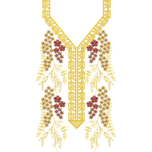Geometric V-Neck Embroidery Design with Linear Panel and Delicate Floral Vine Accents