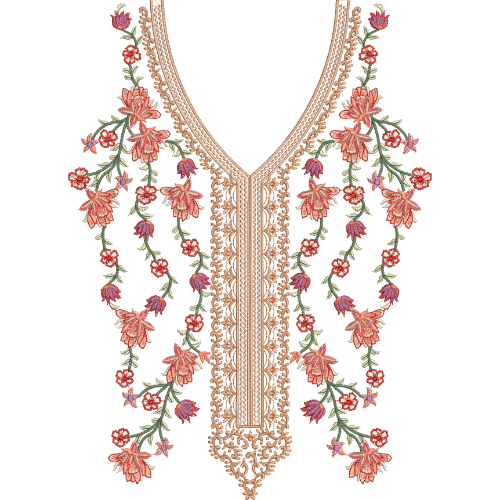 Floral V-Neck Embroidery Design with Ornamental Center Panel and Cascading Blossom Vines