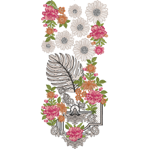 Artistic Floral Neck Embroidery Design with Monochrome Leaves and Vibrant Blossom Accents