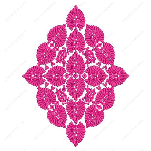 Bold Pink Embroidery Design with Repeated Paisley Motifs and Symmetrical Floral Arrangement