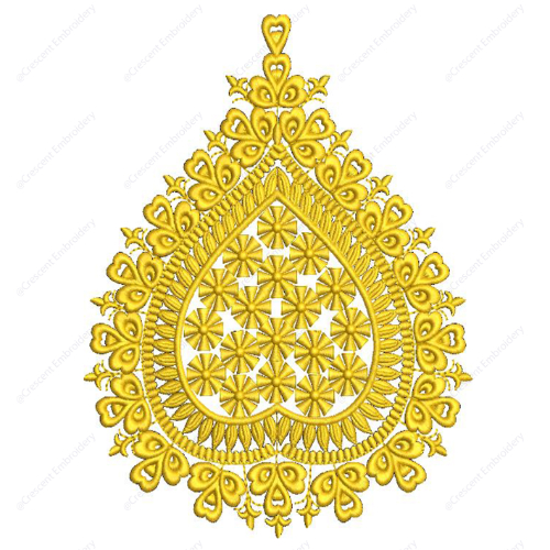Ornate Golden Embroidery Design with Heart-Shaped Border and Geometric Floral Center