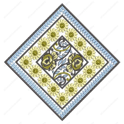 Floral Diamond Embroidery Design with Layered Borders and Central Vine Motif