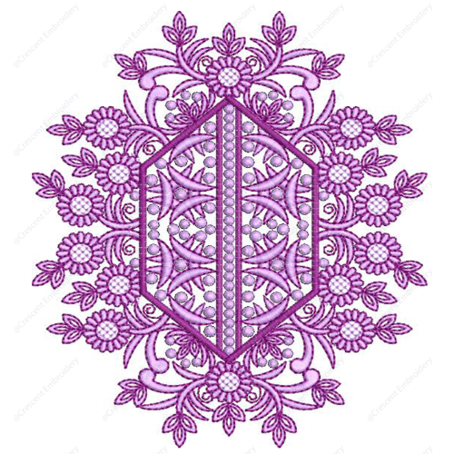 Ornamental Floral Embroidery Design with Central Geometric Frame and Symmetrical Bloom Arrangement