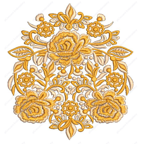 Elegant Golden Floral Embroidery Design with Rose Motifs and Ornamental Vine Detailing