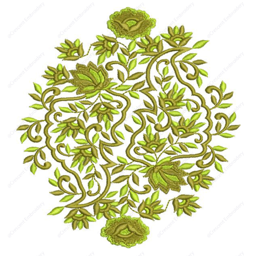 Elegant Green Floral Embroidery Design with Flowing Vine Patterns and Leaf Detailing