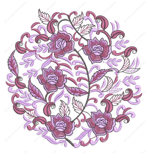 Elegant Floral Embroidery Design with Circular Vine Arrangement and Rose Motifs