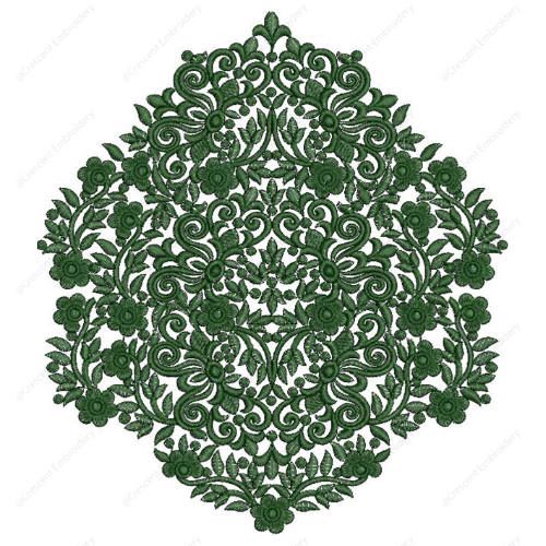 Intricate Green Floral Embroidery Design with Dense Scrollwork and Symmetrical Botanical Motifs