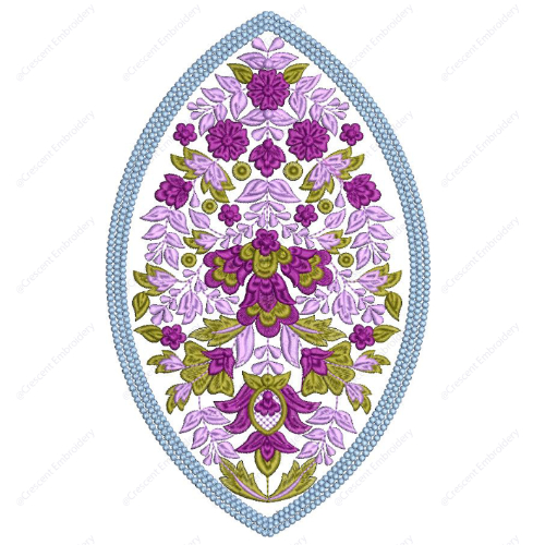 Elegant Oval Floral Embroidery Design with Layered Blossoms and Decorative Border