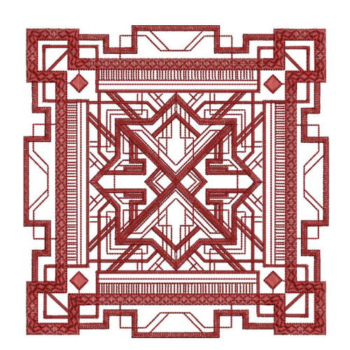 Geometric Red Embroidery Design with Layered Star Motif and Structured Line Detailing