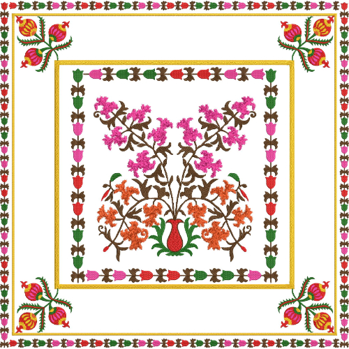 Decorative Square Embroidery Design with Floral Tree Motif and Ornamental Border Detailing