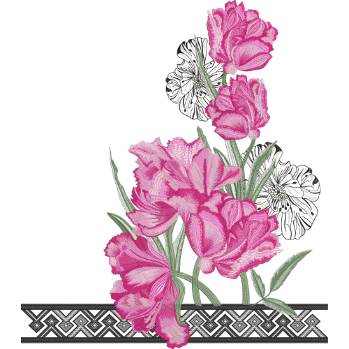 Elegant Pink Floral Embroidery Design with Layered Blossoms and Decorative Border Accent