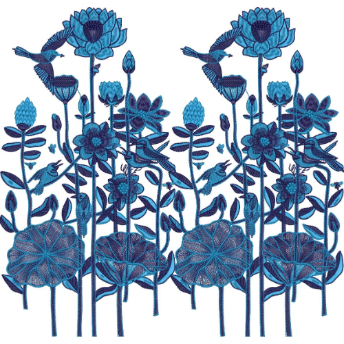 Blue Botanical Embroidery Design with Birds and Layered Floral Elements