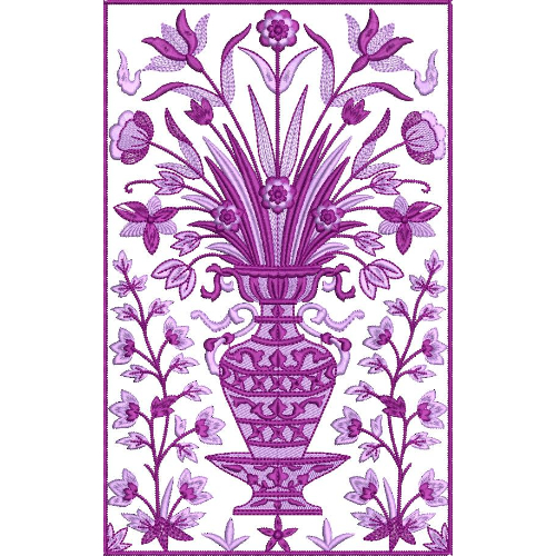 Elegant Purple Embroidery Design with Decorative Vase and Symmetrical Floral Arrangement