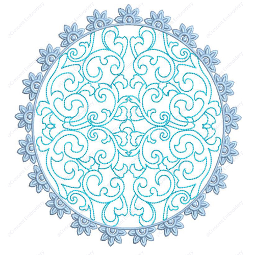 Delicate Blue Scroll Circular Cushion Embroidery Design with Floral Edge Detailing