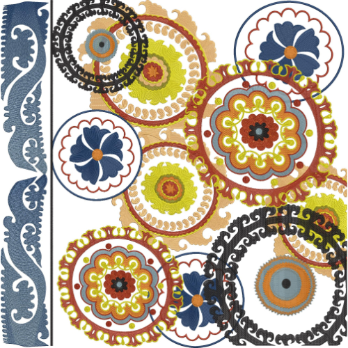 Decorative Circular Embroidery Design with Layered Floral Medallions and Ornamental Border