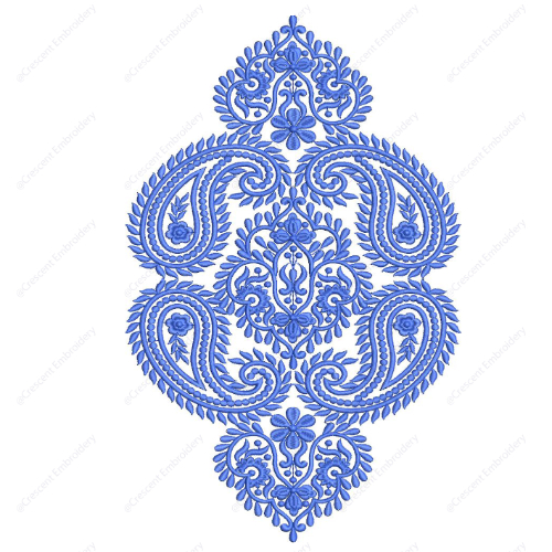 Elegant Blue Paisley Cushion Embroidery Design with Ornamental Symmetrical Detailing