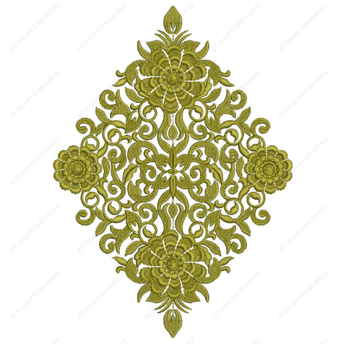 Ornate Green Floral Cushion Embroidery Design with Symmetrical Scrollwork and Medallion Detailing