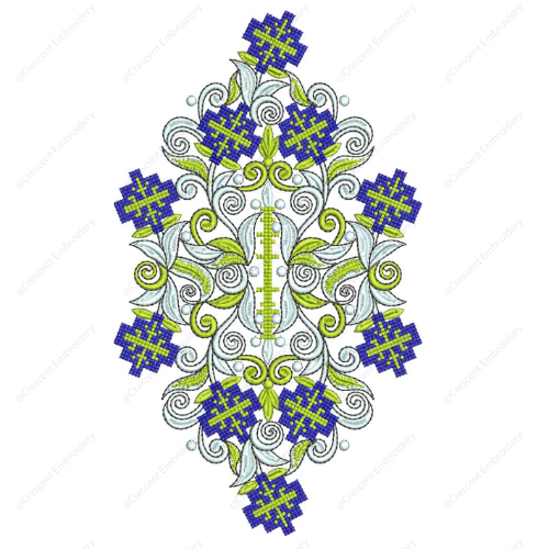 Blue Geometric Floral Cushion Embroidery Design with Ornamental Scrollwork
