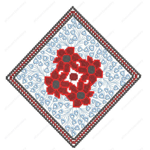 Geometric Floral Diamond Cushion Embroidery Design with Cross-Stitch Center