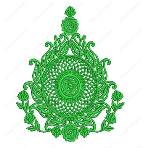 Intricate Green Circular Cushion Embroidery Design with Lattice Center and Ornamental Leaves