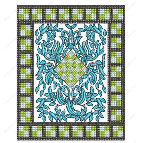 Elegant Blue Floral Cushion Embroidery Design with Geometric Border and Diamond Center