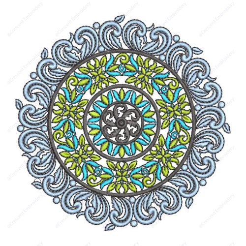 Elegant Circular Floral Cushion Embroidery Design with Ornamental Scroll Border