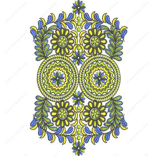 Vibrant Geometric Floral Cushion Embroidery Design with Circular Medallion Detailing