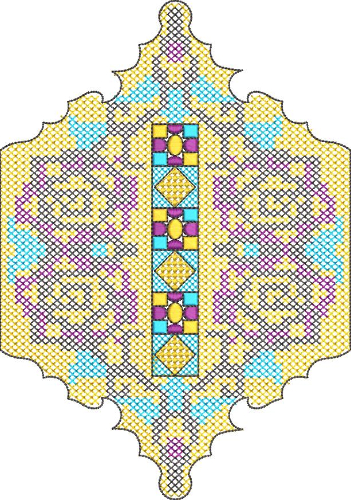 Colorful Ornamental Cushion Embroidery Design with Cross-Stitch Texture and Central Panel
