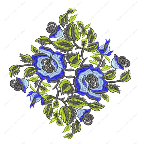 Elegant Blue Rose Cushion Embroidery Design with Floral Vine Arrangement