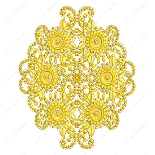 Luxurious Golden Floral Cushion Embroidery Design with Ornamental Circular Symmetry