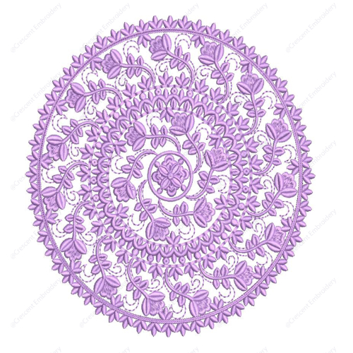 Elegant Lavender Floral Circular Cushion Embroidery Design with Lace-Inspired Detailing