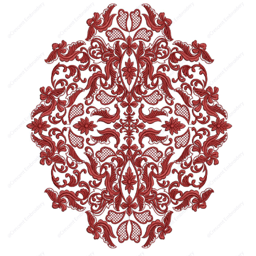 Elegant Red Ornamental Cushion Embroidery Design with Floral Scrollwork Symmetry