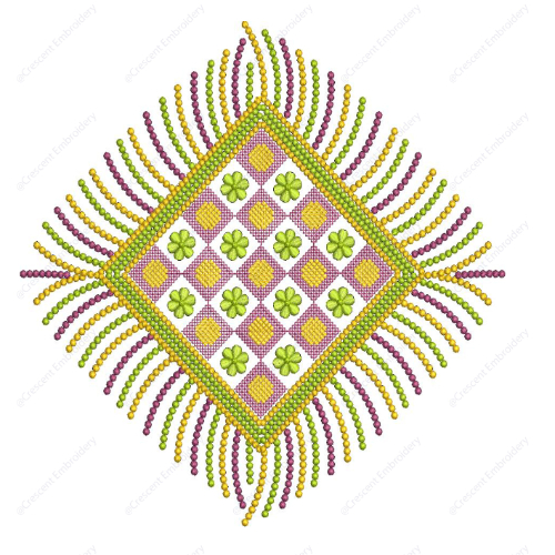 Decorative Diamond Embroidery Design with Floral Motifs and Radiating Beaded Fringe
