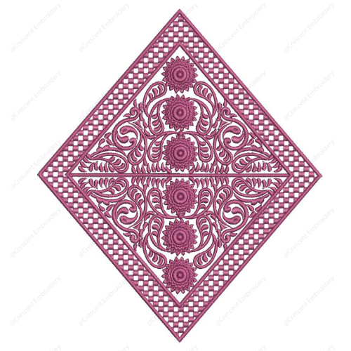Decorative Diamond Embroidery Design with Floral Medallions and Ornamental Scrollwork