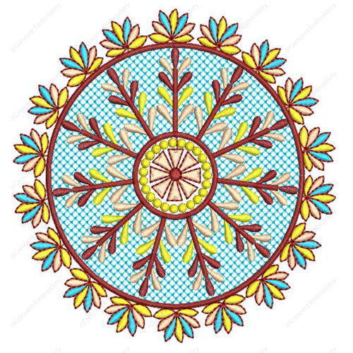 Colorful Circular Embroidery Design with Radiating Floral Elements and Decorative Petal Border
