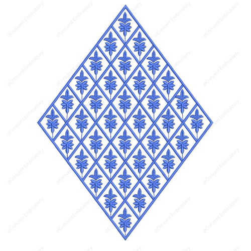 Geometric Diamond Embroidery Design with Repeated Floral Motifs in Blue Threadwork
