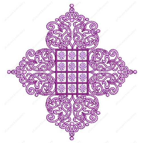 Ornamental Square Embroidery Design with Central Floral Grid and Elegant Scrollwork