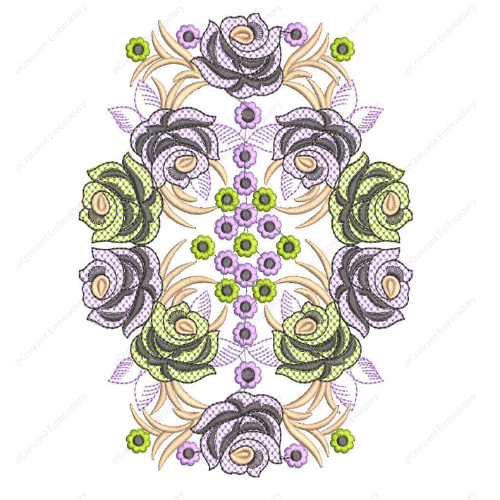 Elegant Floral Embroidery Design with Layered Blossoms and Symmetrical Ornamental Arrangement