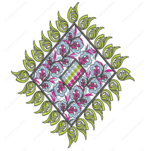 Decorative Diamond Embroidery Design with Floral Vine Detailing and Leaf Border Accents