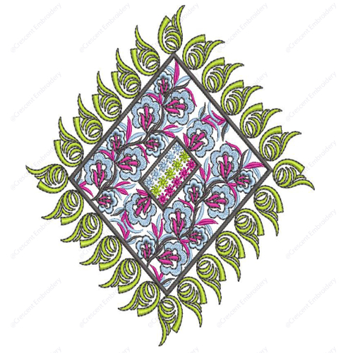 Decorative Diamond Embroidery Design with Floral Vine Detailing and Leaf Border Accents