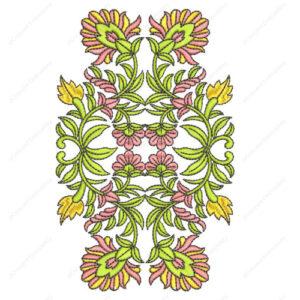 Elegant Floral Embroidery Design with Symmetrical Vine Scrolls and Blooming Motifs