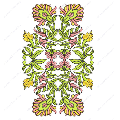 Elegant Floral Embroidery Design with Symmetrical Vine Scrolls and Blooming Motifs