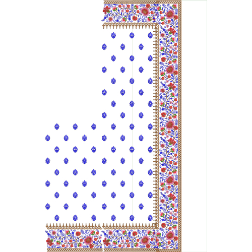Classic Saree Corner Embroidery Design with Multicolor Floral Border and Blue Buti Pattern