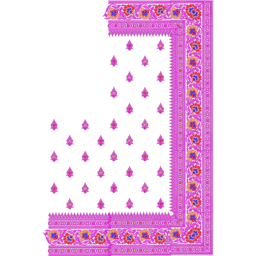 Bright Saree Corner Embroidery Design with Rich Floral Border and Pink Buti Arrangement