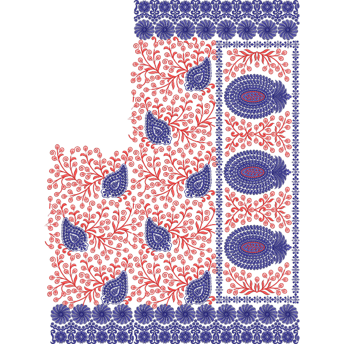 Dual Tone Paisley Vine Saree Embroidery Design with Ornamental Panel Border and Floral Detailing