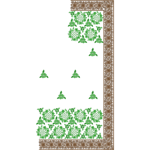 Floral Saree Embroidery Design with Green Buti Motifs and Ornate Brown Border