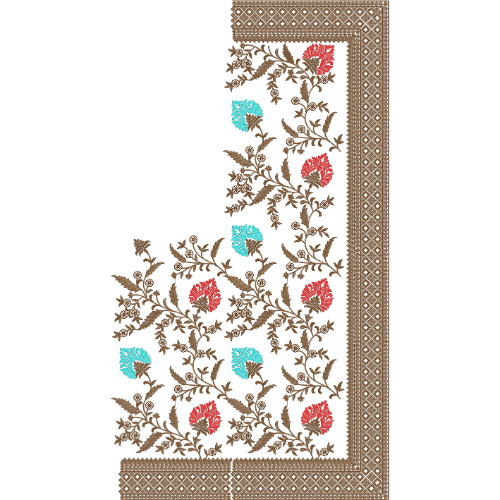 Multicolor Floral Vine Saree Embroidery Design with Geometric Brown Border