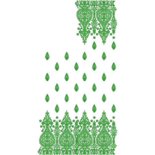 Ornate Green Paisley Saree Embroidery Design with Hanging Floral Panel and Buti Layout