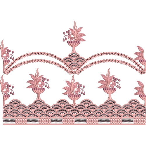 Elegant Monotone Floral Lace Embroidery Border Design with Layered Scallops and Beaded Detailing